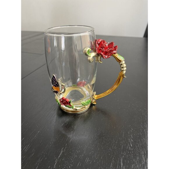 ARC France Glass Coffee Tea Cup Fairy Jeweled Enamel Red Rose Purple Butterfly - Picture 9 of 11